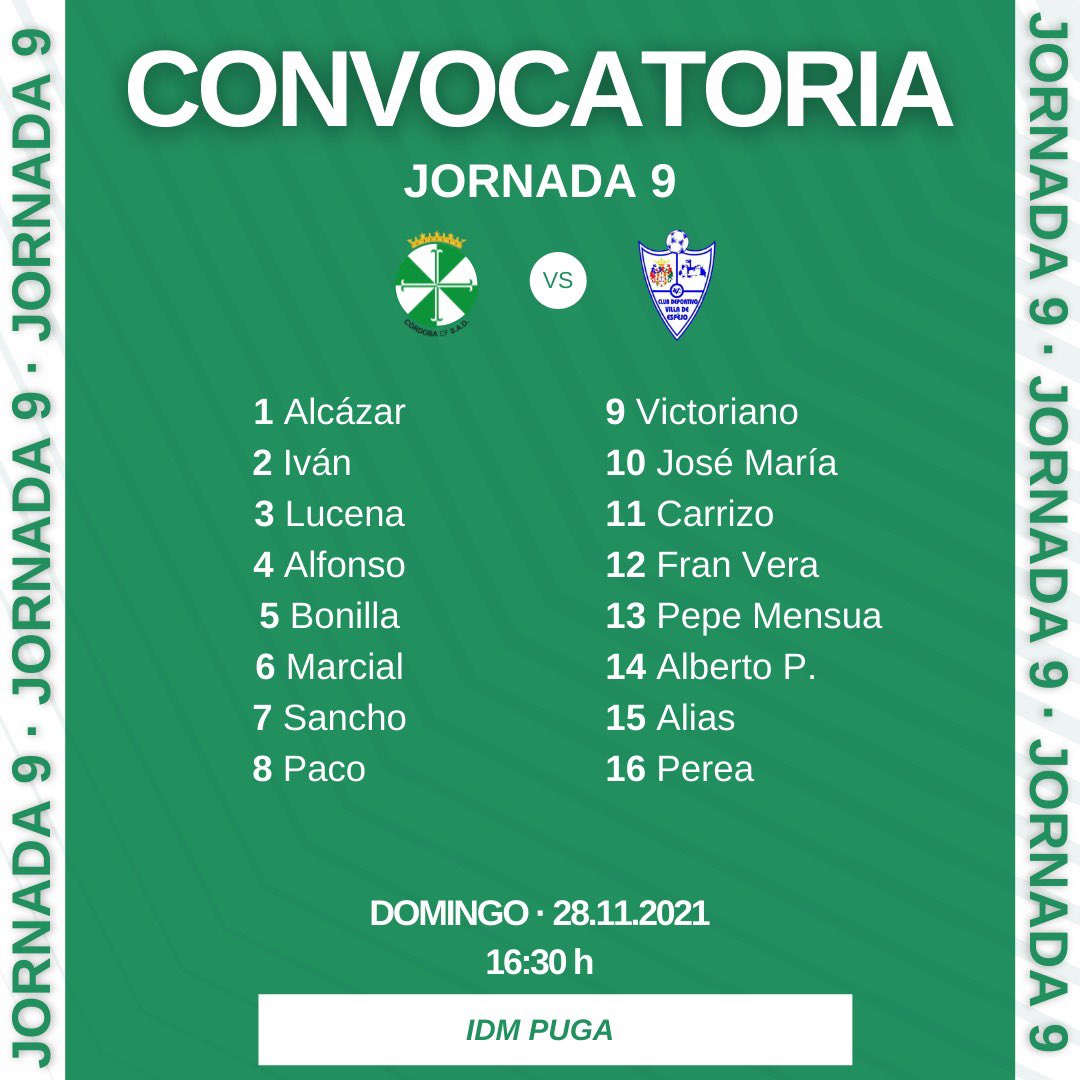cordoba_cfsad's tweet photo. #MatchDay 💥
Lista de convocados para el encuentro de hoy ⚽
📆 28/11/2021
⏰ 16.30 h
📍 IDM Enrique Puga
¡Vamos! 🤍💚
#CCFSADEspejo https://t.co/jBVJbF7wYK