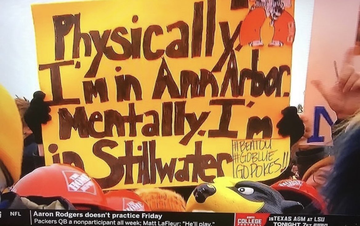 MrAustinMan's tweet photo. Glad I’m not the only one 😂 now let’s both get to the CFP #gopokes #goblue https://t.co/wYgzG9sGIq