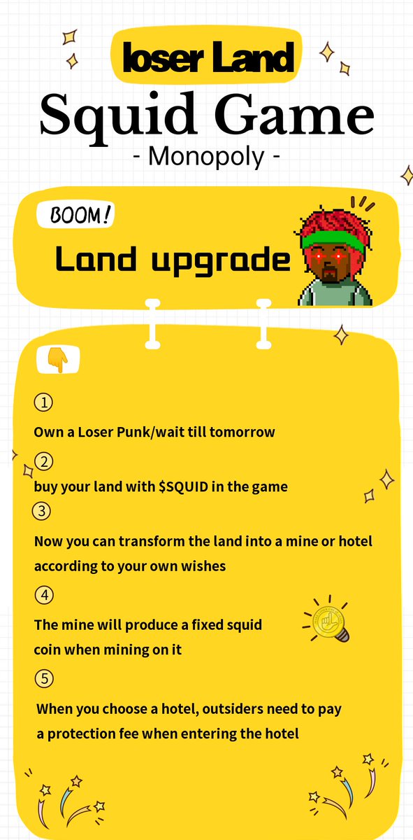 loser_coin's tweet image. Loser #SquidGame S2 Monopoly at losersquidgame.org coming soon!

If you have loserpunk, you can buy your own land in game now; if not, come get it tomorrow!

Same game rules as last time but with land. Ready to fetch your weapon and protect your home in game?😈

#PlayToEarn