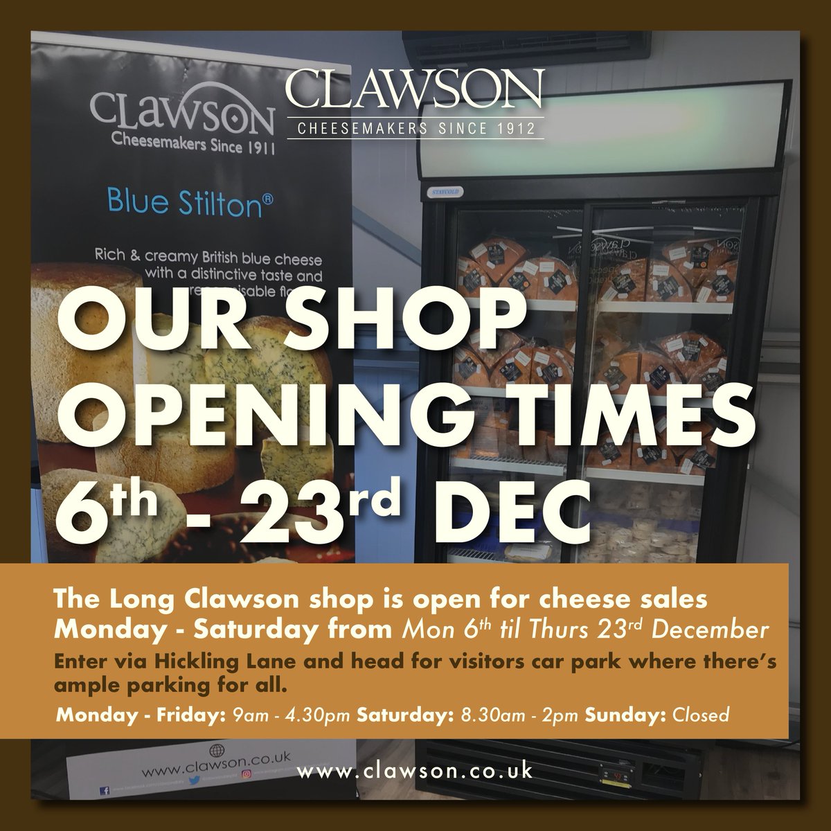 ClawsonFarms_'s tweet photo. The announcement you've all been waiting for - our December opening times! 🎄
From 6th - 23rd, our #LongClawson shop will be open:
✨ Monday - Friday: 9am - 4:30pm
✨ Saturday: 8:30am - 2pm
✨ Sunday: Closed
Pop in and stock up for all those yummy #Christmas cheeseboards. 🧀🍷 https://t.co/t99i0u7xFu