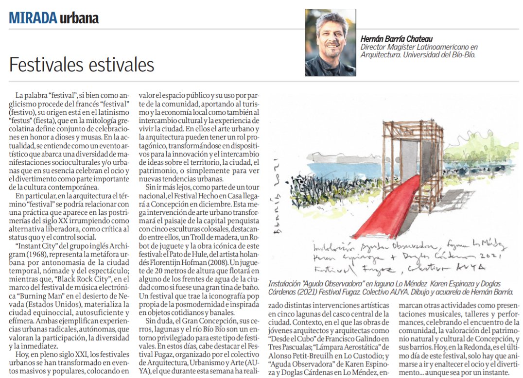 Columna  en <a href="/elsurcl/">Diario El Sur</a> del Director del programa del  Magíster Latinoamericano en Arquitectura y académico de <a href="/Farcodiubb/">Facultad Arquitectura Construcción Diseño UBB</a> Dr. Hernán Barría Chateau <a href="/barriachateau/">Hernán Barría-Chateau</a> titulada: Festivales estivales