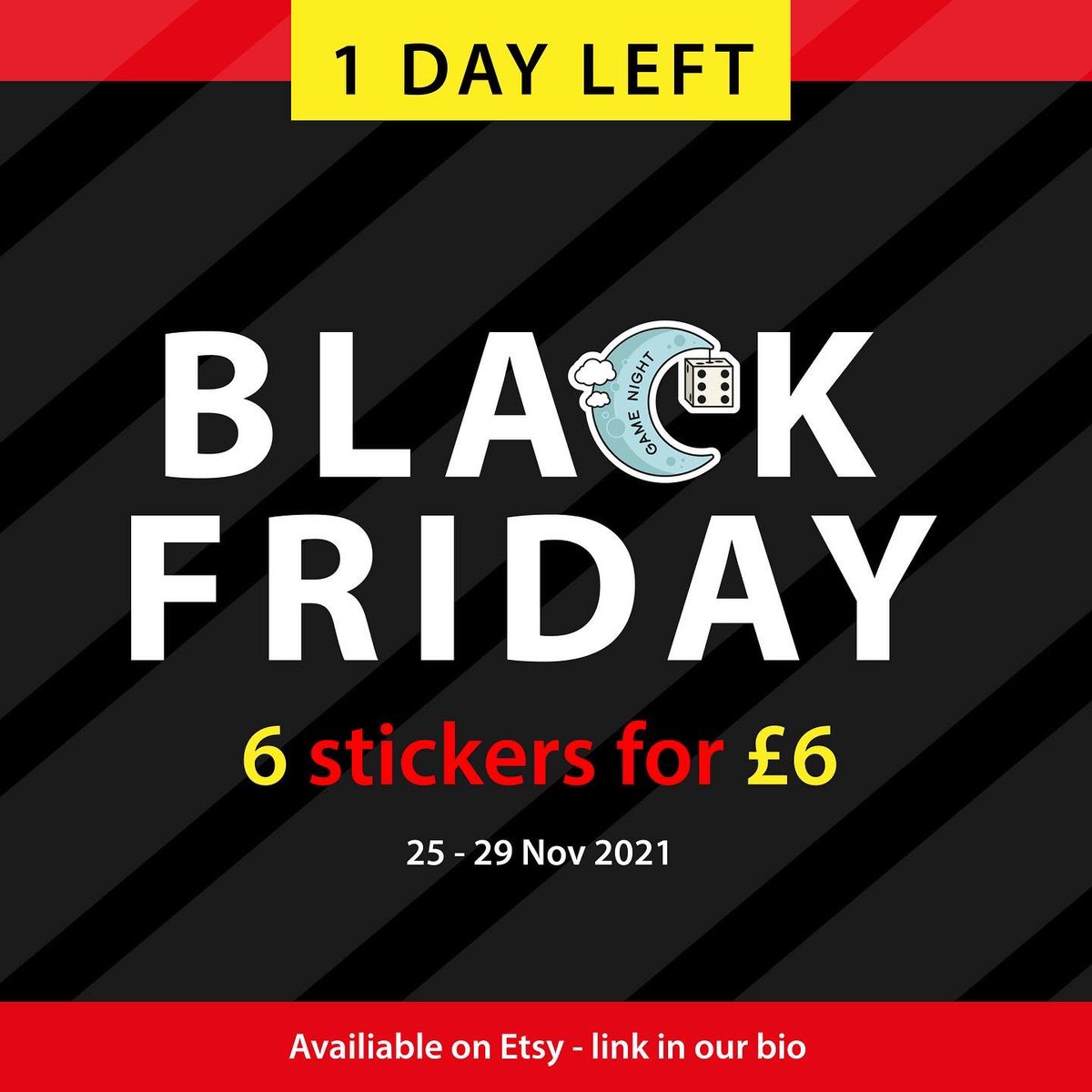 Tomorrow is the final day of our Black Friday deal! For a limited time only, you can get 6 stickers for £6 - this is our lowest ever price with a saving of 33% off 👀🤩
Tap the link in our bio to our Etsy shop so you can get the saving before the deal runs out ⏳#boardgames
