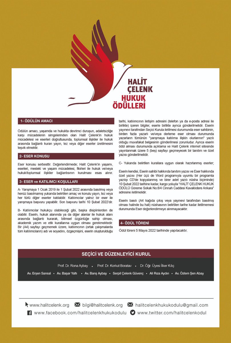Halit Çelenk Hukuk Ödülleri 2022 başvuruları açılmıştır. İlanı ekte bulabilirsiniz. Tüm ilgililerin eser başvurularını bekliyoruz. #HalitÇelenk #HalitÇelenkHukukÖdülü halitcelenk.org