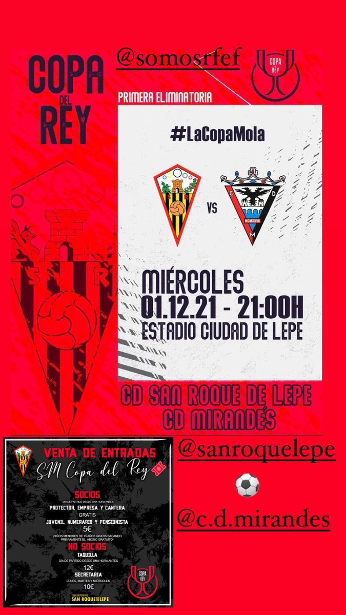 La Copa se juega en Lepe!!!
📆 Mièrcoles 1 Diciembre
⏰ 21:00
🏟 Ciudad de Lepe
<a href="/SanRoqueLepe/">CD San Roque de Lepe</a> 
<a href="/CDMirandes/">Club Deportivo Mirandés</a> 
<a href="/rfef/">RFEF</a> 
#LaCopaMola