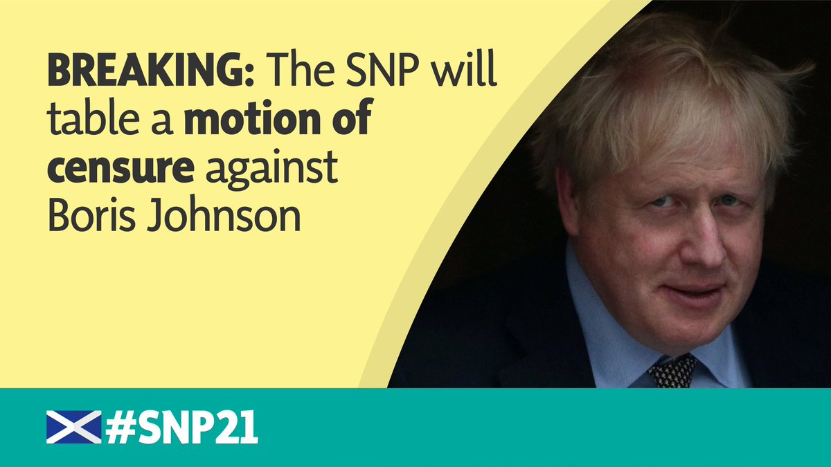 theSNP's tweet photo. ⚠️ A Cash for Honours scandal
 
⚠️ A Cash for Contracts scandal
 
⚠️ A Texts for Tax Breaks scandal

Enough is enough. This corrupt Tory Government must be stopped.

📢 The SNP will use our opposition day to put down a motion of censure against Boris Johnson. https://t.co/P2el24B1Ay