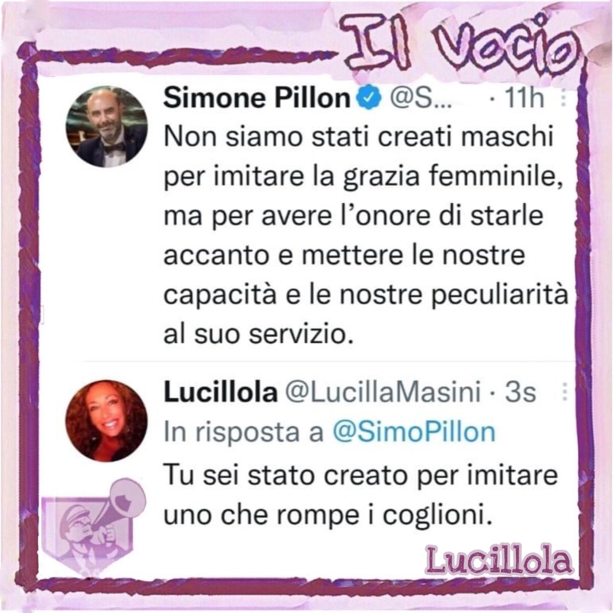 ilvocio's tweet photo. Lucillola @LucillaMasini 
#28novembre #ilvocio #Pillon #imitare #coglioni #omofobia #DdlZan #LGBTQ https://t.co/awOHGWOMX6