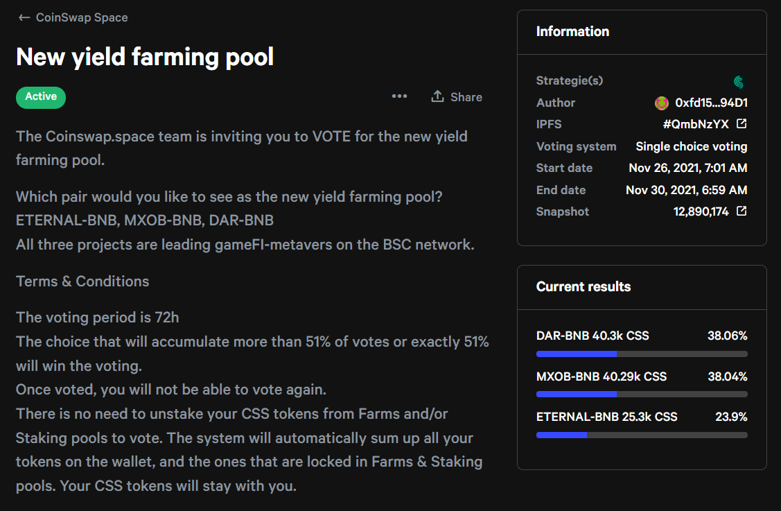 CoinSwap_Space's tweet photo. Our on-chain voting is still open for voting.

Check out who is leading. It was too close to call😲

Go and cast your vote now ⚡https://t.co/dqJZR98NG4

#CoinswapSpace #AMM #DEX #DeFi #Decentralized $CSS #BinanceSmartChain
@MOBOX_Official
@MinesOfDalarnia
@CryptoMinesApp https://t.co/SOUUttpflB
