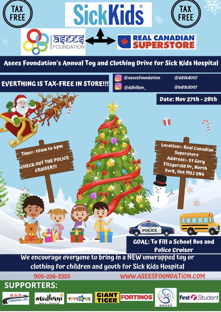 AseesFoundation's tweet photo. Asees Foundation’s Toy and Clothing Drive for Sick Kids Hospital Children and Families with @RealCdnSS Dufferin/Steeles location Day 2. No tax on any item in the store. Come and be part of this great cause. https://t.co/7atP3PDBQR
