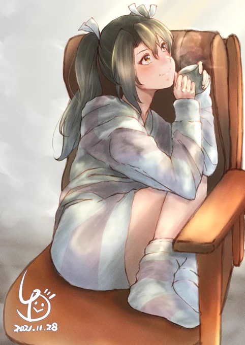『提督さん、早く帰ってこないかな～?(*'з`)』
#艦これ #瑞鶴
部屋着に着替えて提督の帰りを待つ瑞鶴ちゃんです!
いいところで仕事を切り上げて、早く帰ってあげて下さいネ!(∩'∀`)∩ 
