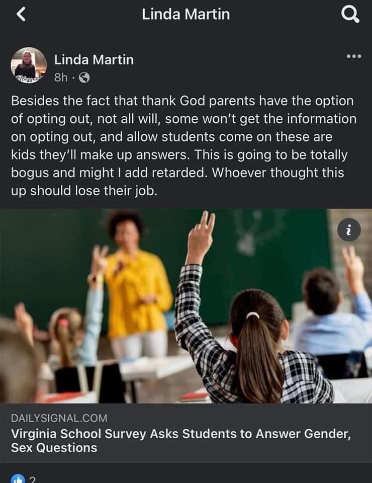 This is from the newly-elected member of the Frederick County (VA) School Board. Yes, she’s using a slur often used to denigrate people with Down syndrome. Is this the kind of person who we trust to look out for our children?! <a href="/washingtonpost/">The Washington Post</a> <a href="/WinStarVa/">The Winchester Star</a> <a href="/fredcova/">Frederick County</a> @fcpsk12 @