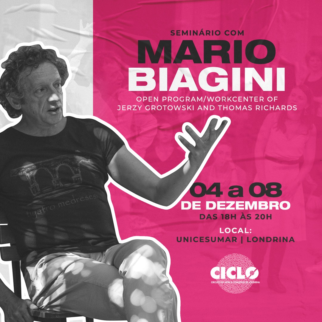 circuito_arte's tweet image. Vamos conversar mais sobre a programação do #CICLOSedentOs? De 04 a 08 Dez, na UniCesumar, #MarioBiagini, diretor associado do #OpenProgram/Workcenter of Jerzy #Grotowski and Thomas Richards, ministrará um #seminário para todos os interessados. Encontros das 18h às 20h. #Londrina
