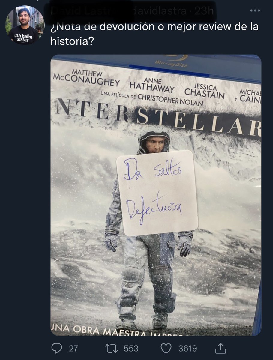 AngelDominguez's tweet photo. No sé, cansa un poco el postureo renegón con esta peli seis años después. Personalmente me parece una digna sucesora de “2001: Una odisea del espacio” por argumento y mensaje de fondo, lo digo sin pestañear y a pesar de alguna patochada acientífica que tiene. Hala. https://t.co/TEzdQLBTwG