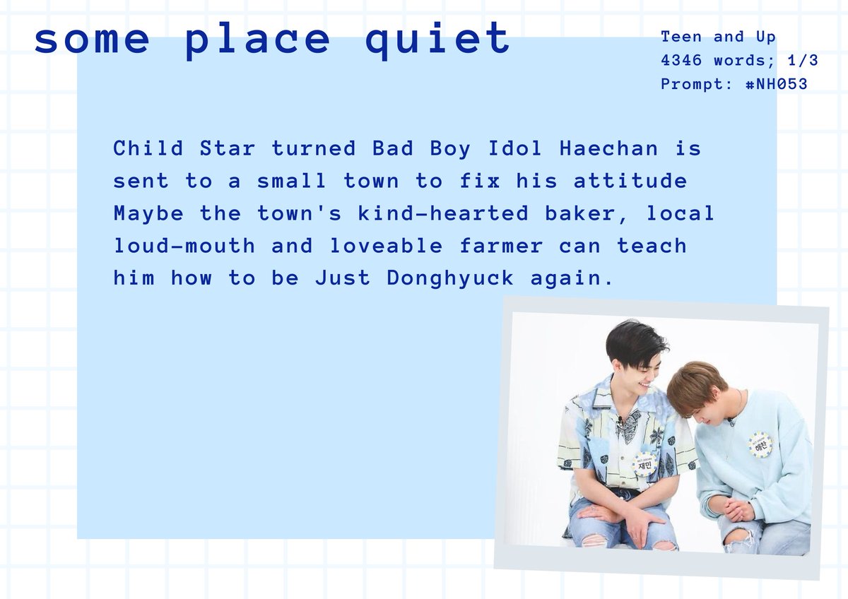 NahyuckFest's tweet photo. some quiet place
🐰 4.3K (1/3)
🐻 Teen and Up
🐰 Idol Haechan, Strangers to Lovers, Finding Yourself
https://t.co/tAMN9jgFoy https://t.co/RJlBEXXHI8