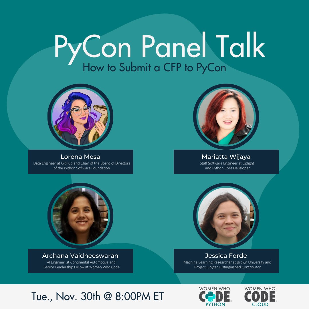The <a href="/pycon/">PyCon US</a> CFP is open!

Join our panelists <a href="/loooorenanicole/">at 🌎 @LorenaNicole@mastodon.social</a> <a href="/mariatta/">Mariatta 🤦</a> <a href="/varchanaiyer_/">Archana Vaidheeswaran</a> and <a href="/in4dmatics/">Jessica Zosa Forde</a> on Tuesday Nov 30th 8:00pm ET for tips and tricks for submitting.

Register here: us02web.zoom.us/webinar/regist…