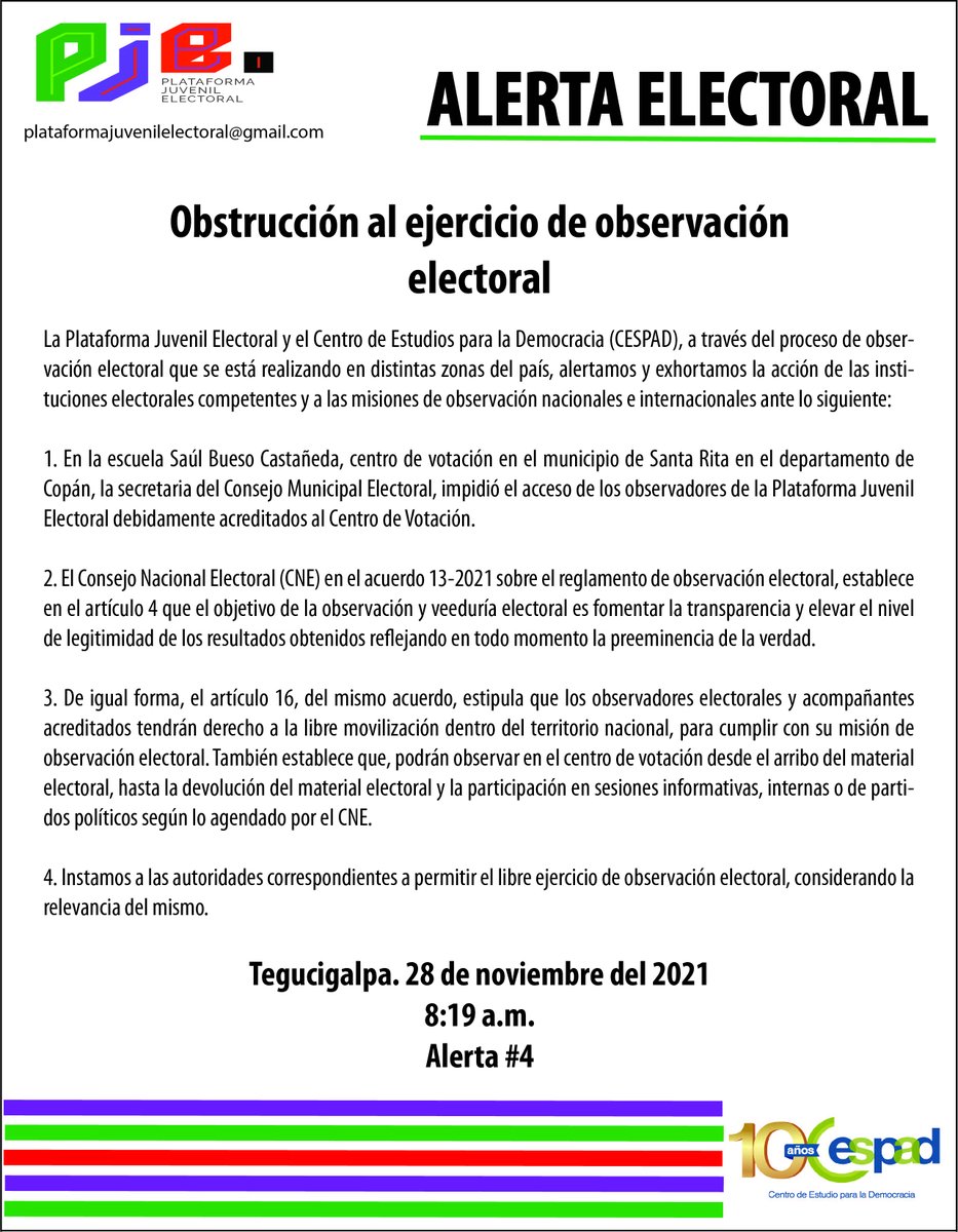 pjelectoralhn's tweet photo. ALERTA | Se reportan obstrucciones al libre ejercicio de observación electoral de parte de autoridades hacia observadores de la Plataforma Juvenil Electoral. #PJE #Alerta4 https://t.co/QNfRmp6i7s