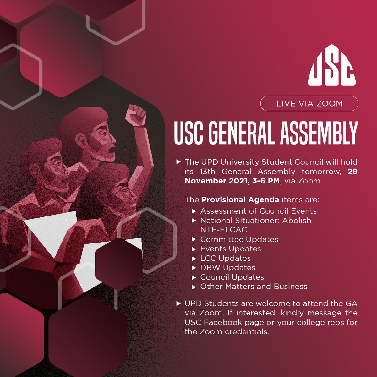 USCUPDiliman's tweet photo. #USCGA | The University Student Council will hold its 13th General Assembly tomorrow, 29 November 2021, 3-6 PM, via Zoom.
Please be guided accordingly.
#SulongLaban https://t.co/RS6g5tXNye