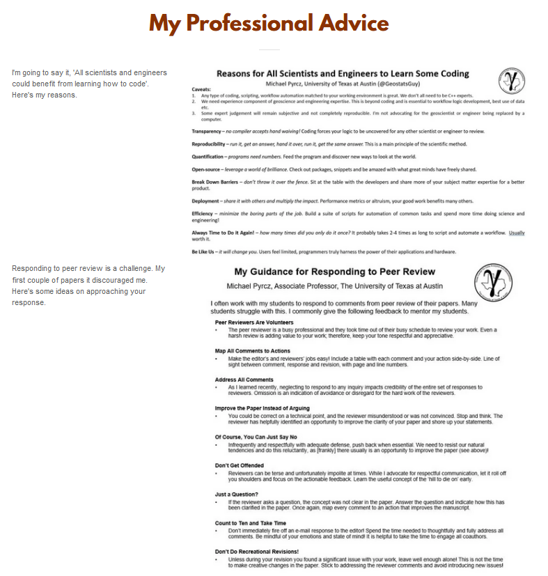 GeostatsGuy's tweet photo. I compiled my #mentoring one-pagers on my new #website. Innovating, #writing, presenting, responding to #reviews, self-advocacy, deciding between industry &amp; #academy etc.! I share my experience &amp; ideas for success. https://t.co/CW6KJ91olq #edchat #scichat #AcademicTwitter https://t.co/UUM9Ew2OCH