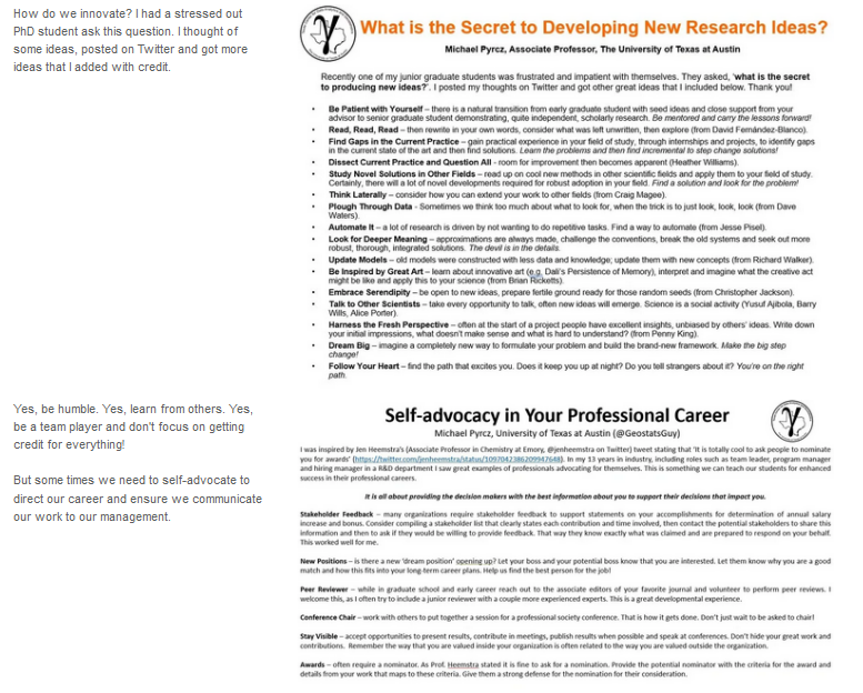 GeostatsGuy's tweet photo. I compiled my #mentoring one-pagers on my new #website. Innovating, #writing, presenting, responding to #reviews, self-advocacy, deciding between industry &amp; #academy etc.! I share my experience &amp; ideas for success. https://t.co/CW6KJ91olq #edchat #scichat #AcademicTwitter https://t.co/UUM9Ew2OCH