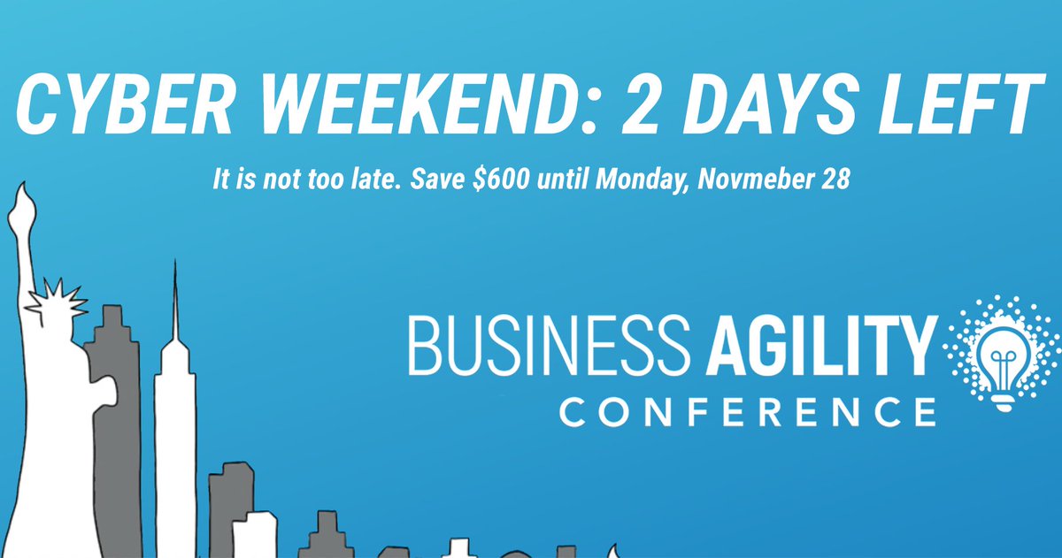 BizAgilityInst's tweet photo. Ready to take a trip to New York City? I know we are. Get your discounted tickets to the Business Agility Conference. 2 days left on our CYBER WEEKEND SALE.

Get your Cyber Tickets here: 
https://t.co/qMCDjiRHLW

#business #cyber #businessagility https://t.co/rb34SRtMmT