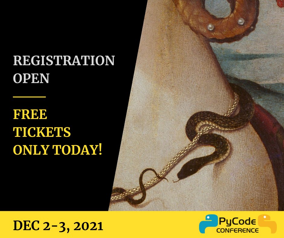 pycode_conf's tweet image. Attention!
Only today you have possibility to get free ticket ! Look at pycode-conference.org
#python #pyconf #pycode #packages #pythonistas
#pythoncode #pythonlearning #programming #programminglife