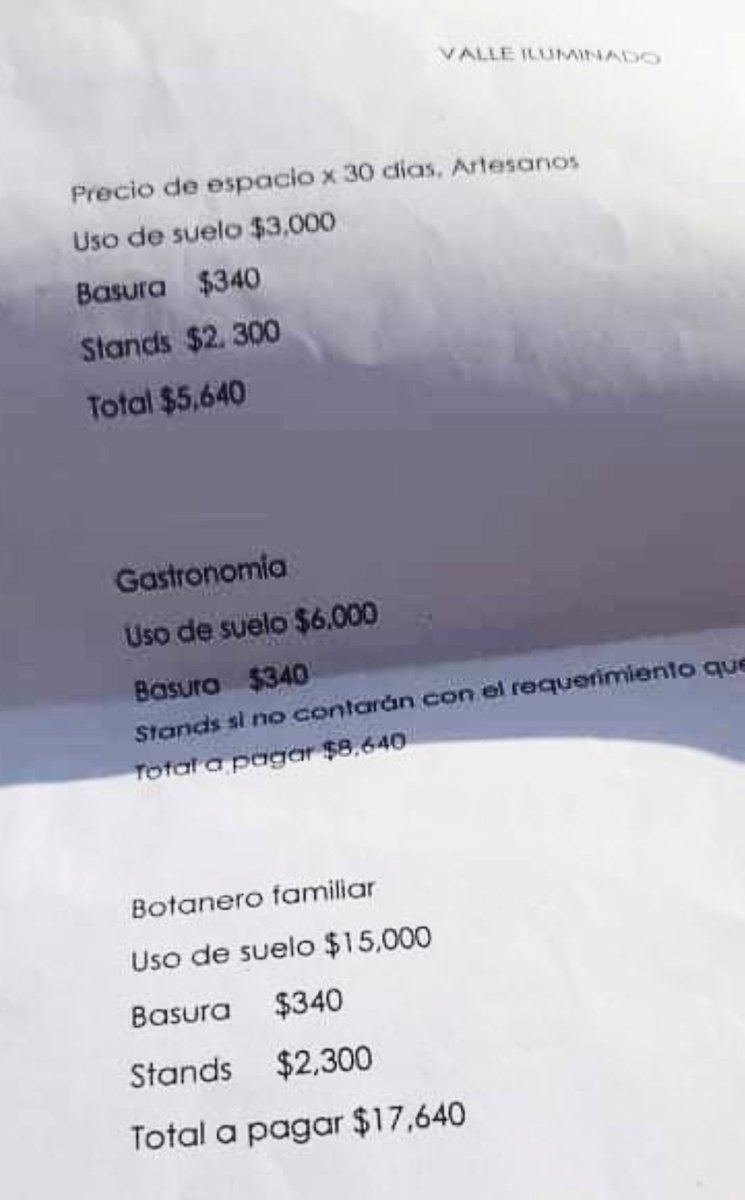 dom 28 nov 21 / #Ayuntamiento / 
Para participar en el llamado "Valle Iluminado" éstas son las tarifas que el Ayuntamiento de Tehuacán está dictando para la instalación de artesanos, puestos de comida y hasta botaneros. Supuestamente es para la "reactivación económica".