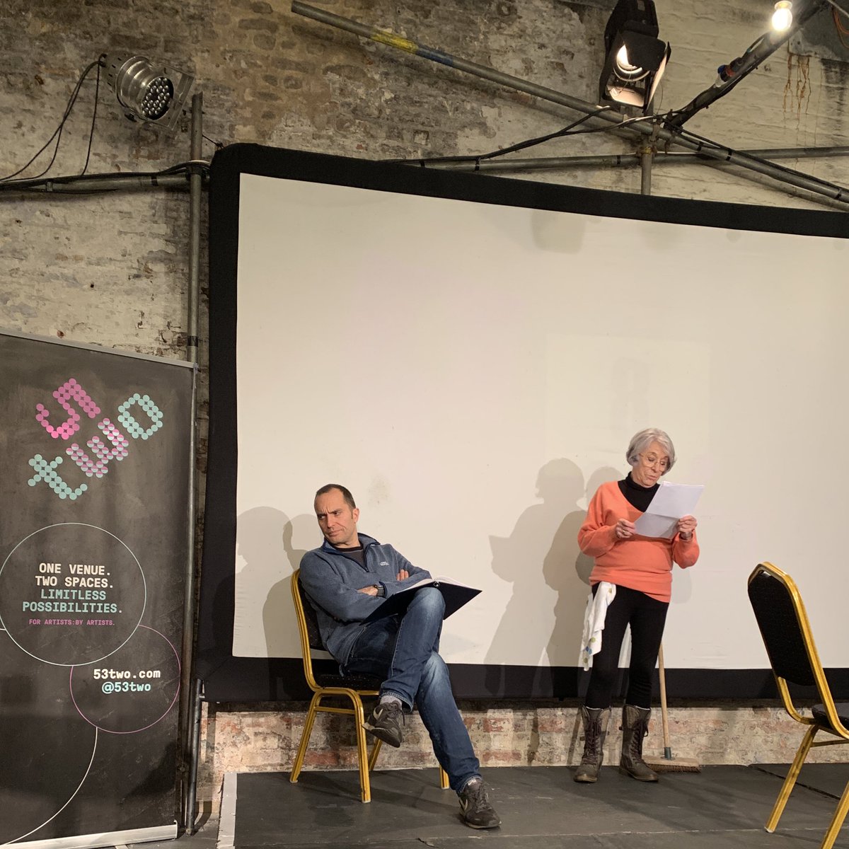 Cracking rehearsal for ‘The Other Begins’, with <a href="/simoncove1/">Simon Cove actor dentist</a> &amp; <a href="/classylyn/">Lynne Whitaker</a>, for tomorrow’s <a href="/ManchesterADP/">Manchester ADP</a>. 
And, what a surprise to come out of the cosy <a href="/53two/">53two</a> to a snowy Manchester! ❄️ 🎭