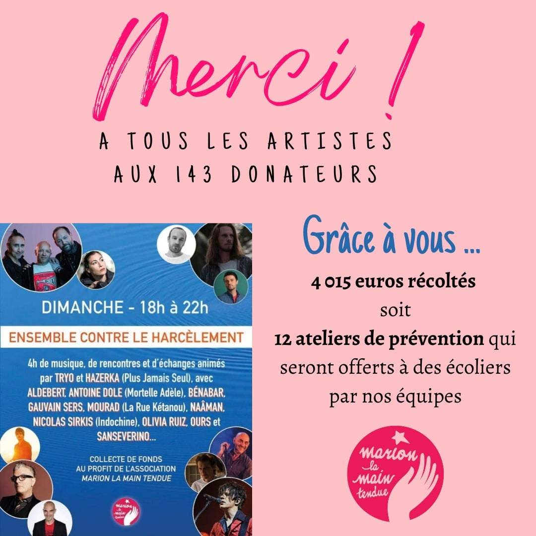 143 donateurs et une superbe cagnotte de 4015€ pour @MTendue, merci à eux !!! Merci aussi à @tryo et @hazerkaofficial d'en avoir été à l'origine, pour offrir 12 ateliers de prévention contre le #harcèlementscolaire. Merci aussi aux invités @M_Chedid, @nicolasirkis @OliviaRuiz...