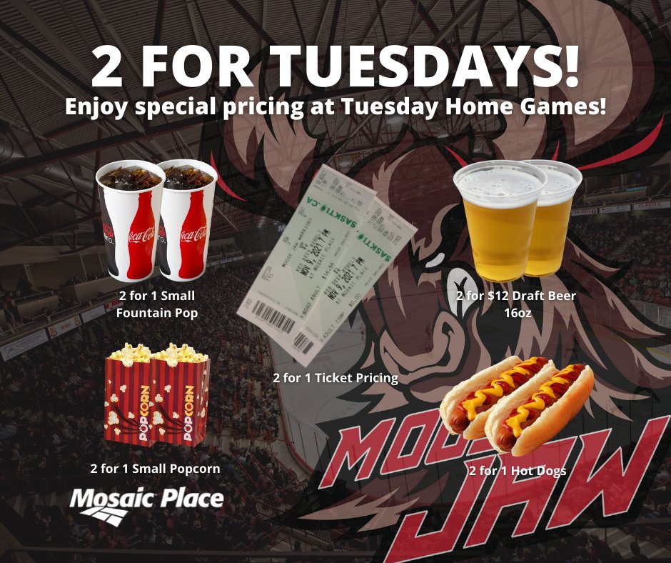 2 for Tuesday is back when the Moose Jaw Warriors Hockey Club  takes on Brandon Wheat Kings Hockey Club (WHL) this coming Tuesday, November 30th at Mosaic Place! 
🎟 --&gt; bit.ly/2for1TuesdaysN…
#hockeynight #whl #twofortuesday