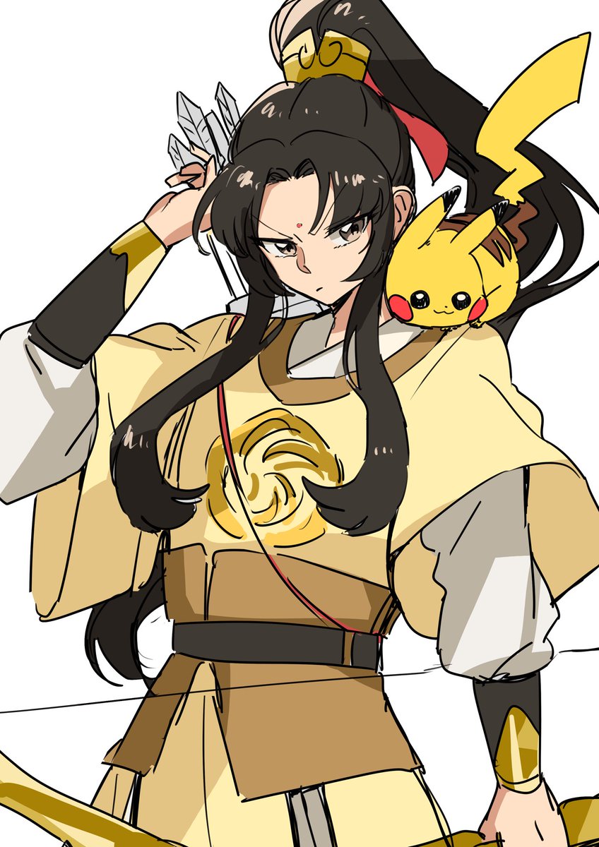 pikachu weapon bow (weapon) pokemon (creature) long hair holding 1boy male focus  illustration images