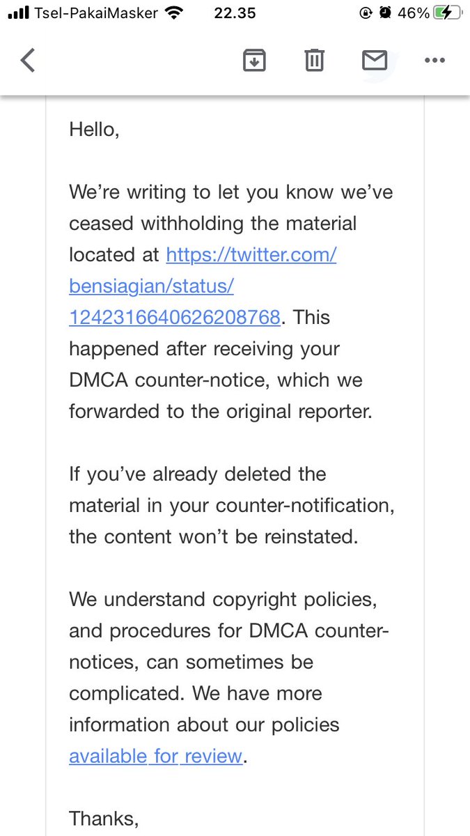 benjaeee_'s tweet photo. @puteriewita @bensiagian Iyaa dulu2 tuh seeking retraction ke original reporter sama counter notice ke twitter ngga pernah ada jawaban. Trus aku beberapa hari lalu ngajuin ulang lagi counter notices buat semua DMCA-ku. Kemaren dapet email balesan kayak gini untuk 3 bijik counter notice. https://t.co/0s9BQexndA