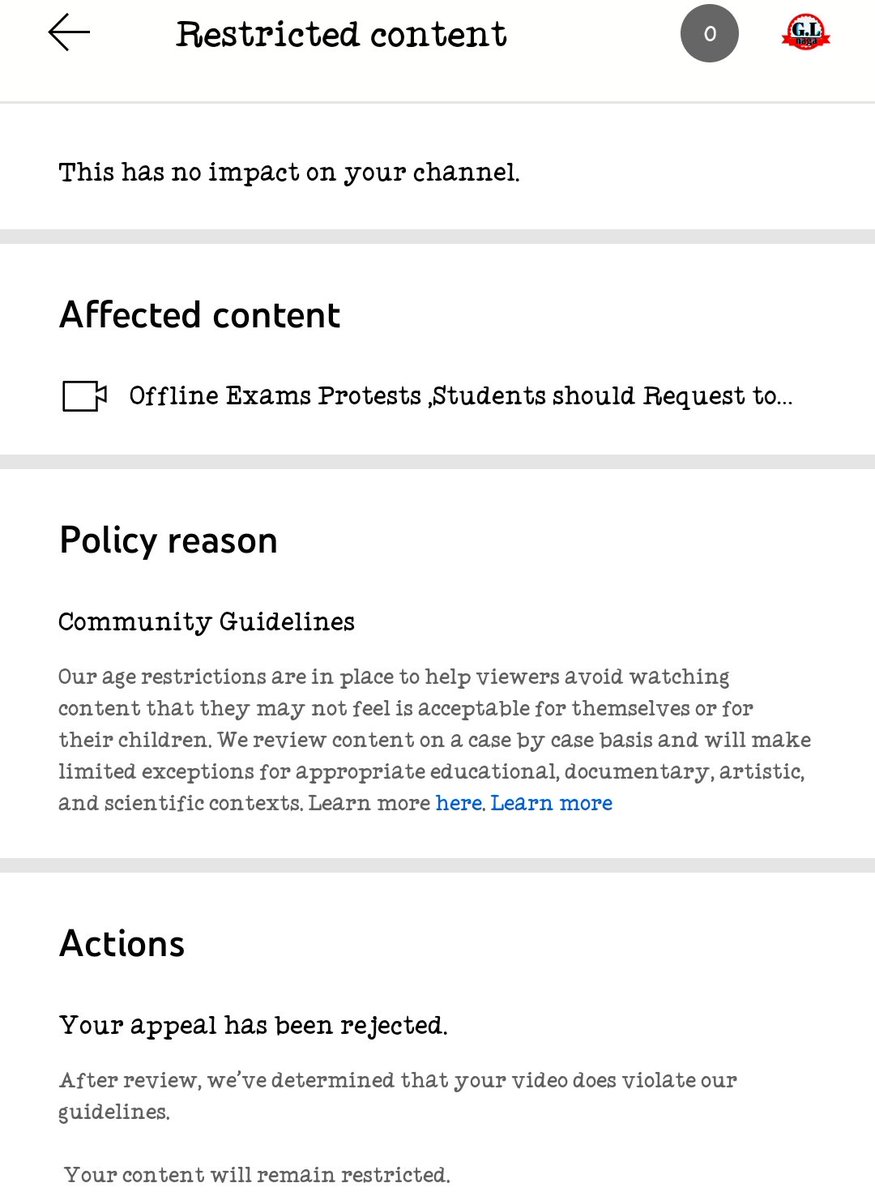 GLNaga1's tweet photo. Dear YouTube India, I have  got an Age Restrictions Notice on my video, I have already Appeal to YouTube team, but YouTube team has Rejected my Appeal,and my content is a Friendly family Chennal,not a violance, please do review again &amp; Remove,@YouTubeIndia https://t.co/bkk1ksSeOH https://t.co/xtpaJamp0p
