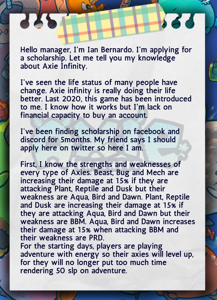 ian_bernardooo's tweet photo. @AxieRevolution Here's my application form, it's so long that's why I edited it and turn into photos. Thank you https://t.co/s2Mmt9LWz6
