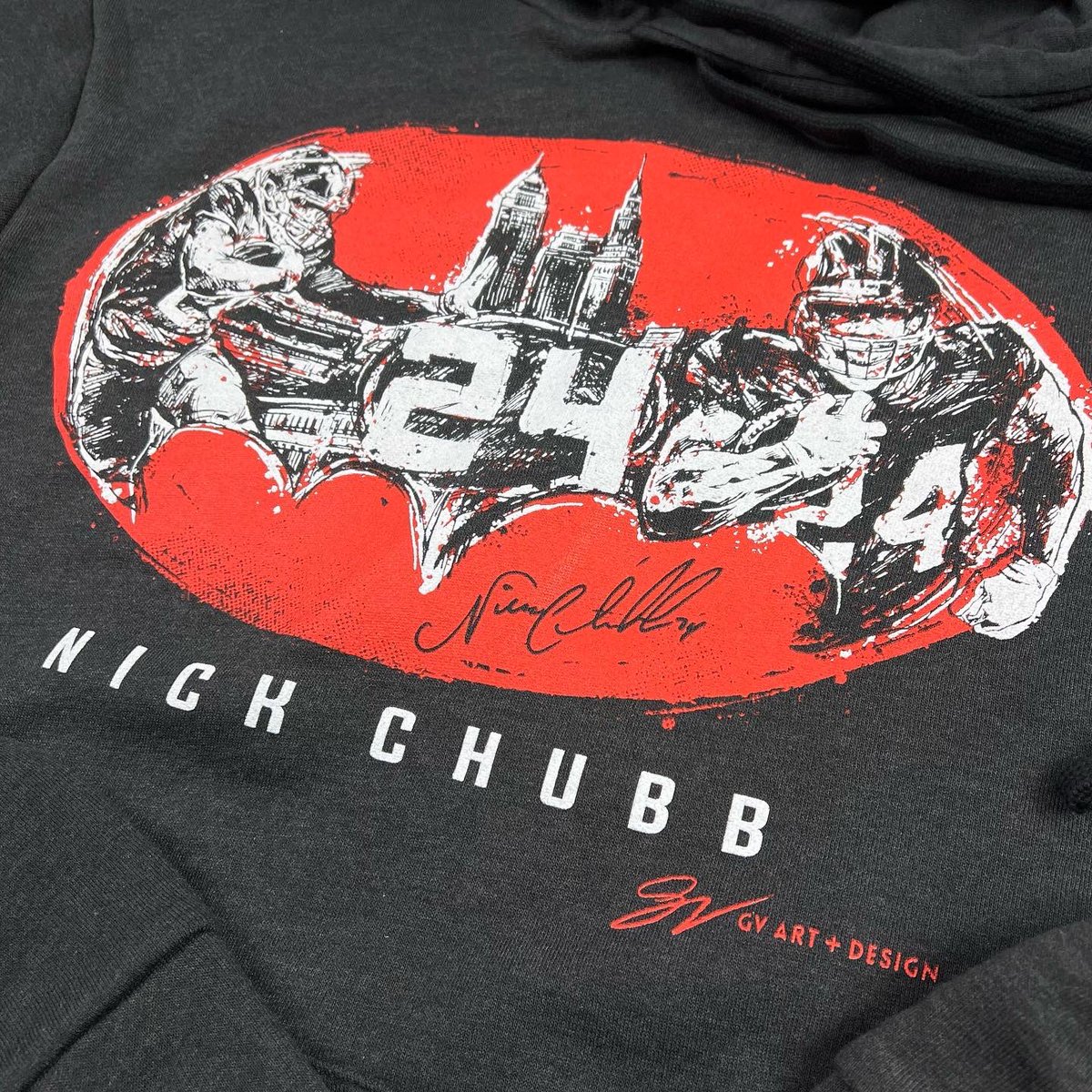 GVartwork's tweet photo. The wait is over! We couldn’t be more excited about our brand new collab with @NickChubb21! We had so much fun drawing this one up!

Our new Chubb 24 Symbol hoodie and t shirt is available online and in all 4 GV stores now! 

RT if you can’t wait for Sunday Night Football! https://t.co/mR0LUWQf6V