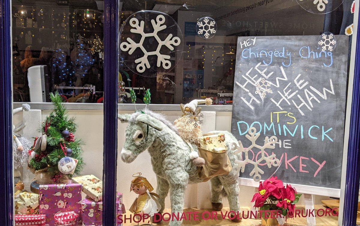 Possibly the best #Christmas window you will ever see <a href="/CR_UK/">Cancer Research UK</a> #Christmas2021 #dominickthedonkey #christmassong #CountdowntoChristmas #charityshop