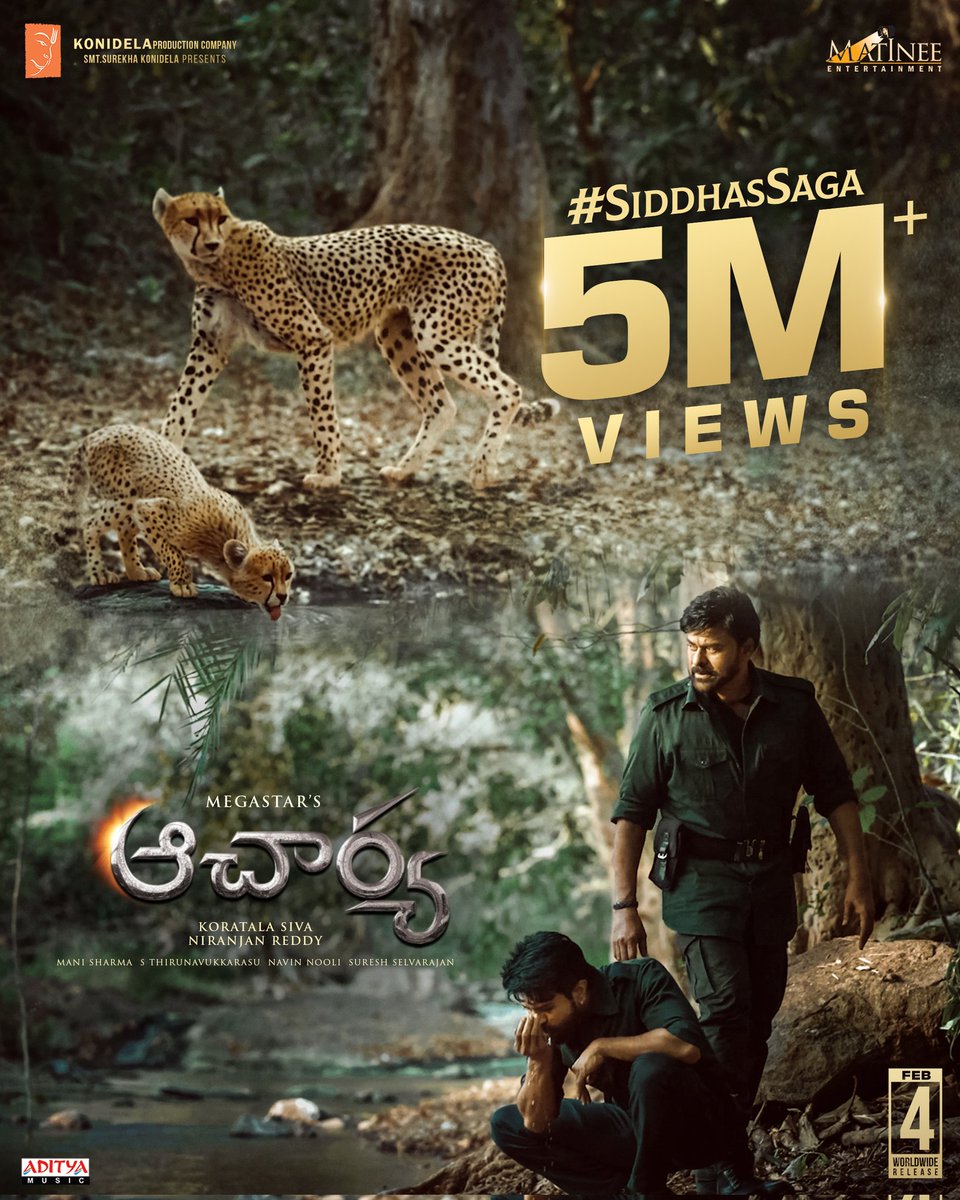KonidelaPro's tweet photo. Goosebumps all over 🤘
5 Million views &amp; counting for #SiddhasSaga 💥

▶️ https://t.co/iWTGhr9dRl

#Acharya 
#AcharyaOnFeb4th 

Megastar @KChiruTweets @AlwaysRamCharan #Sivakoratala @MsKajalAggarwal @hegdepooja #ManiSharma #NiranjanReddy @MatineeEnt @KonidelaPro @adityamusic https://t.co/TKaL56tfv5