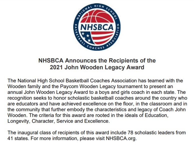 Congratulations to former East Greenwich head coach Donnie Bowen on being selected as the 2021 John Wooden Legacy Award recipient for Rhode Island. 2021 season was his last season as head coach, he is an EG graduate, had been involved as a coach since 1979, winning 2 state titles