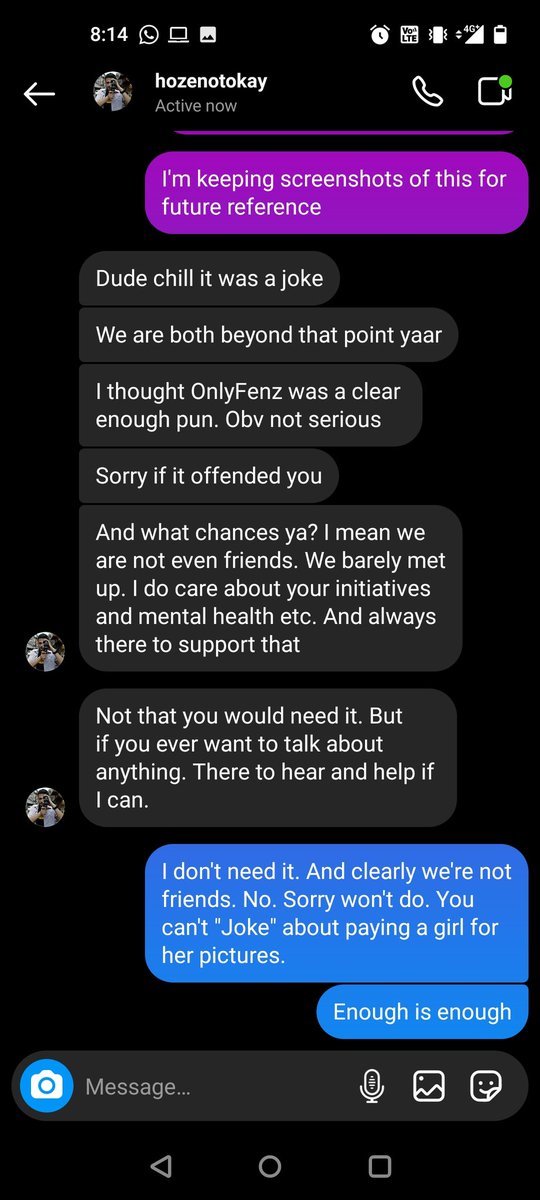 MissBhattReads's tweet photo. No amount of #MeToo or any Tedtalks wl change women being reduced to feeling like just piece of flesh. The guy goes by the handle hozenotokay on Insta and @FatHoMetal twitter. He asked me if I could send him hot pics "angaar" and he'd PAY ME IN COSMETICS/CASH. He said it's a joke https://t.co/Q8Ikr9yctI