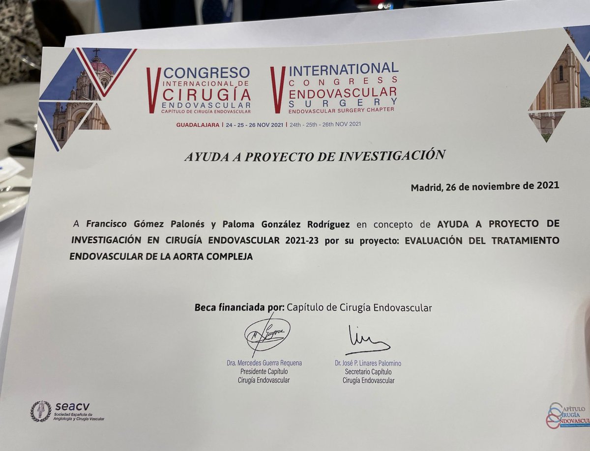 Y nuestra más sincera enhorabuena, beca financiada por <a href="/CirEndovascular/">Capítulo Cirugía Endovascular</a> Proyecto de investigación en cirugía endovascular 2021-23,  al Dr Gómez Palonés <a href="/goopaco/">gomezpalones</a> y a la Dra Paloma González Rodriguez <a href="/PalomaG44013699/">Paloma Gonzalez Rodriguez</a> “Evaluación del tratamiento endovascular de la aorta compleja”