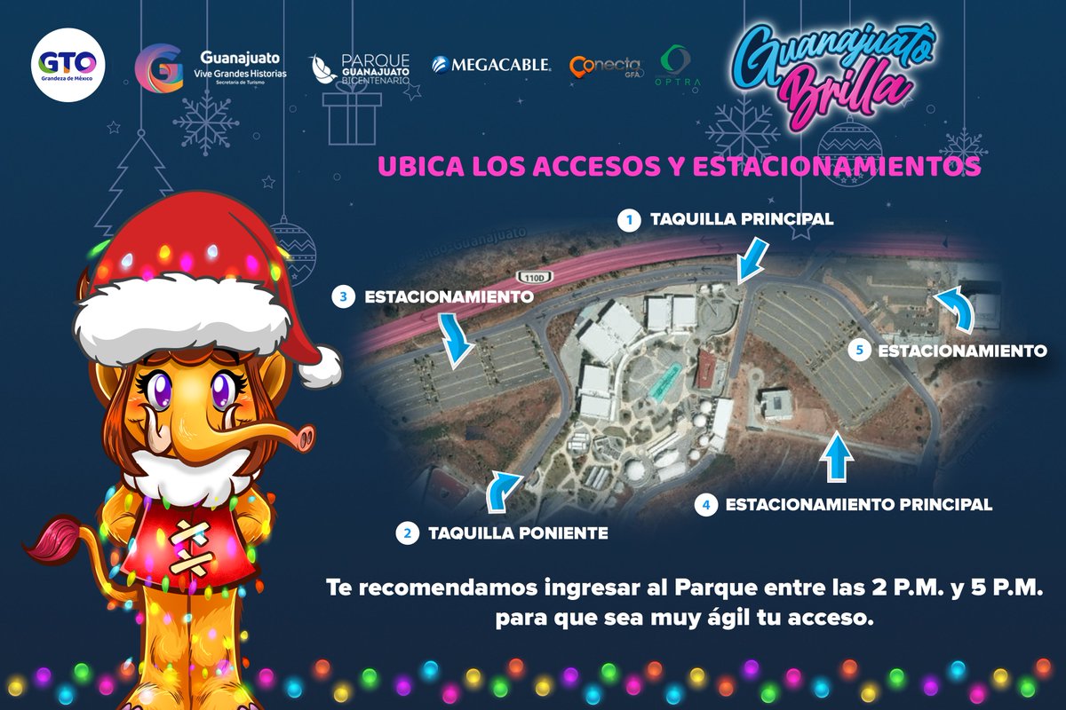 PGBicentenario's tweet photo. Si nos visitas en sábado o domingo, te compartimos la ubicación de los estacionamientos y de nuestra taquilla principal y poniente para que tu acceso sea más rápido y disfrutes de la experiencia de #GuanajuatoBrilla 💫🎄🎁

Horario:
2 P.M. a 11 P.M.
Costo de acceso
$115 general https://t.co/GzS3a0mO0w