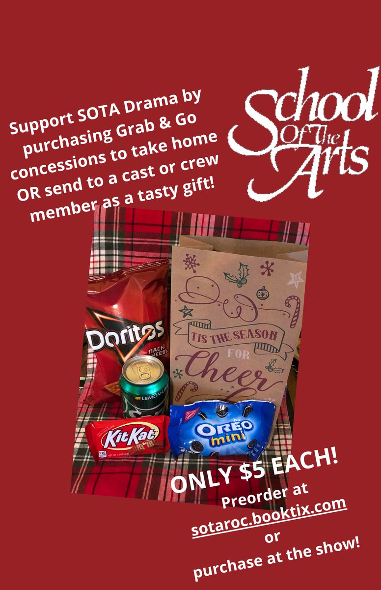 We will be selling "Grab &amp; Go" goody bags for $5 at Matilda! Grab then to enjoy after the show OR buy one to have delivered to your favorite cast and crew member!
Purchase them at sotaroc.booktix.com (be sure to also complete the Google Form) OR at the theater!