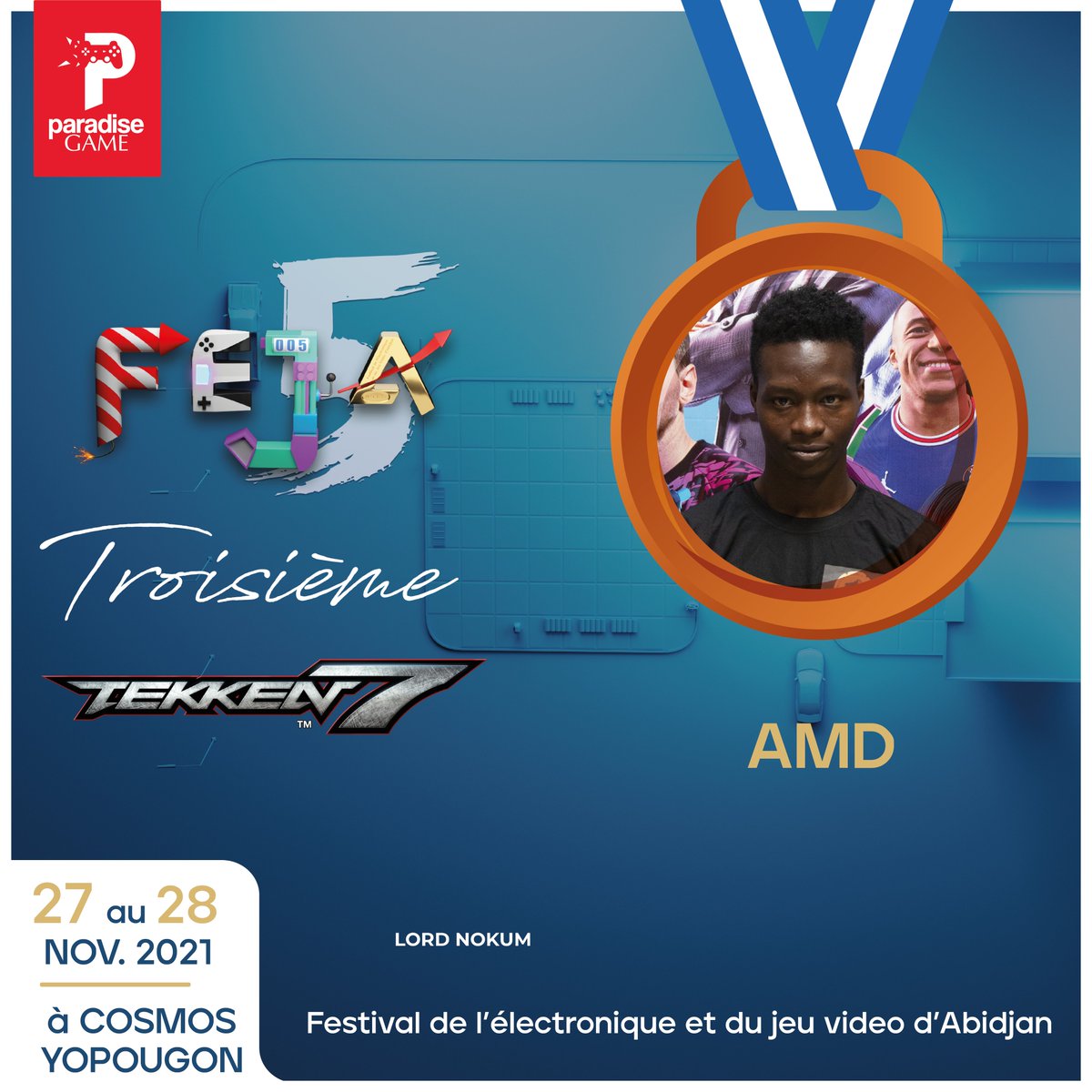 ParadiseGame_'s tweet photo. 🏆🥇 Félicitations à Ado Dragon, grand vainqueur du tournoi #TEKKEN7 de ce #FEJA5. Il est suivi de Mister Batch et de AMD, respectivement 2e et 2e. Ado Dragon signe son 1re trophée au FEJA et succède ainsi à Hakim vainqueur #TEKKEN7 du #FEJA4.
#eSport #Gaming #Champion🎮 https://t.co/SdmvaNJcSd