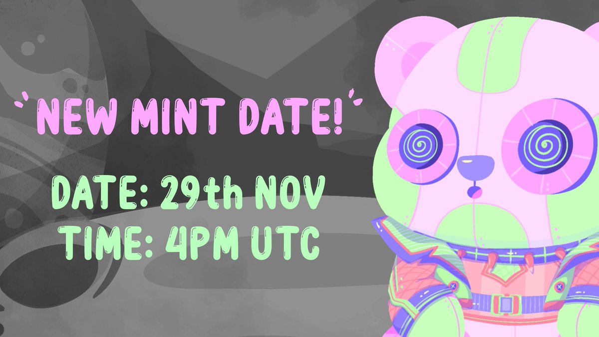 PlushPandaNFT's tweet photo. UPDATE: NEW MINT TIME,
due to some technical difficulties.

29th Nov 2021, 4:00PM UTC

THIS IS YOUR FINAL CALL, 
join our Discord now to get the quickest updates! https://t.co/2RDUJsgBIR