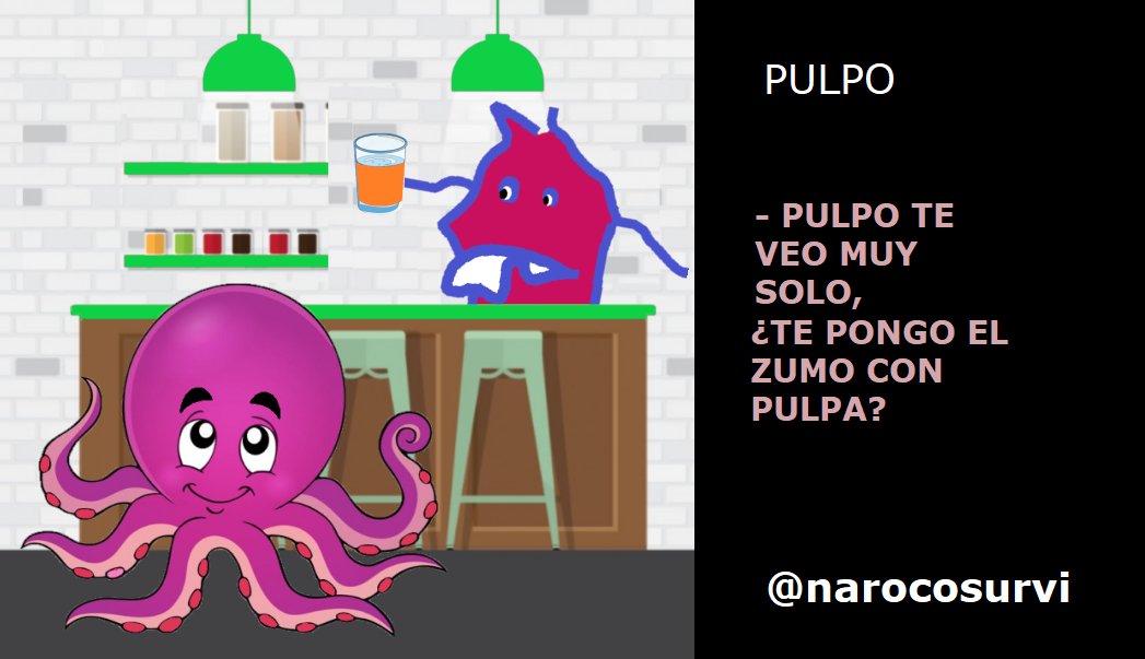 narocosurvi's tweet photo. - PULPO TE VEO MUY SOLO, ¿TE PONGO EL ZUMO CON PULPA?
#narocosurvi #chiste #PulpoZumoPulpa https://t.co/MG1KyElPxy