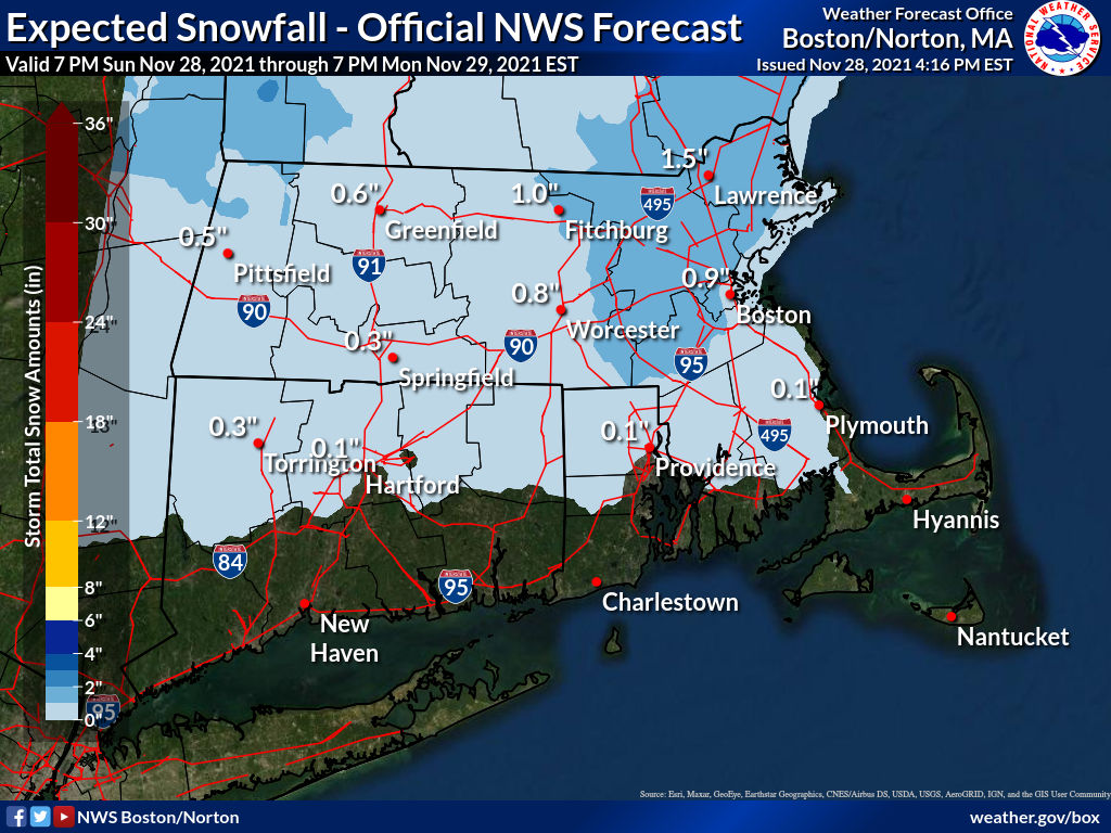 [Snowfall Update: 445pm] 1 to 2 inches of snow accumulation may result in a slippery Monday morning commute for portions of northeast MA, mainly along and west of I-95 corridor to I-495 corridor #MAwx #RIwx #CTwx