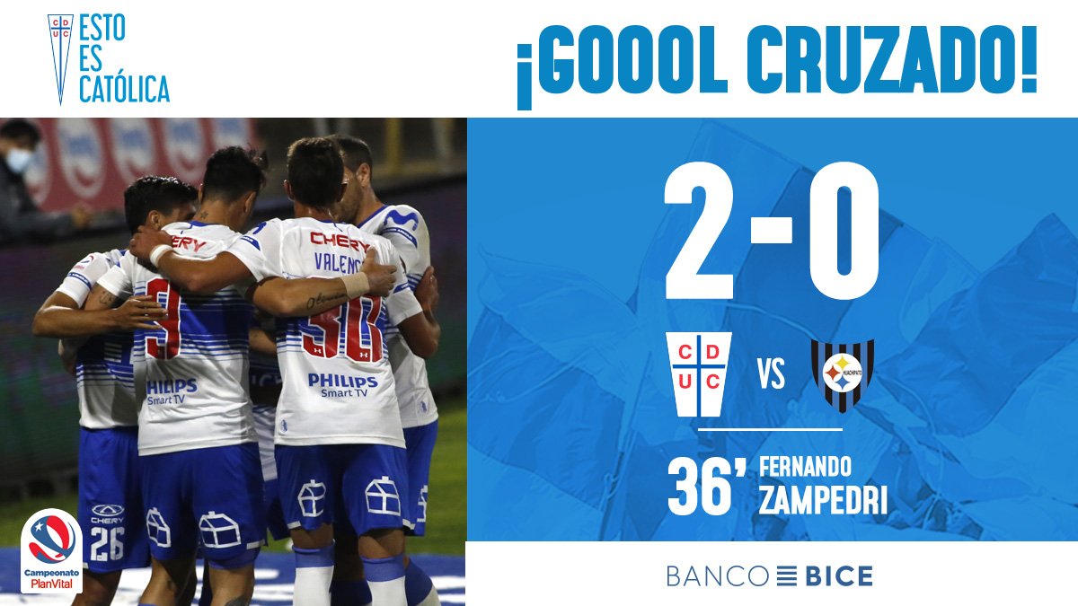 Cruzados's tweet photo. ¡Golazooooooo de #LosCruzados! ⚽

Fernando El Toro Zampedri metió un derechazo tremendo, ¡y pone el 2-0 para La Franja! 🔥

¡Vamos Católica! ⚪🔵

#GolBancoBICE https://t.co/XouIkiNent