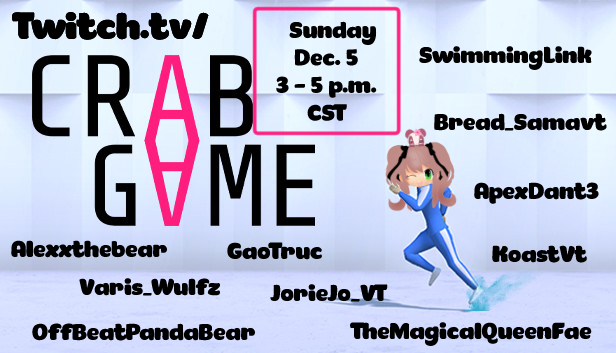 OffBeatPanda1's tweet photo. Come watch all these amazing folks play against each other! Today from 3-5 pm CST. #CrabGame #VTuber #VStreamer #Twitch #TwitchStreamer #Comendy #Vtuberen #Envtuber #smallstreamer https://t.co/AV4vMfUtBB
