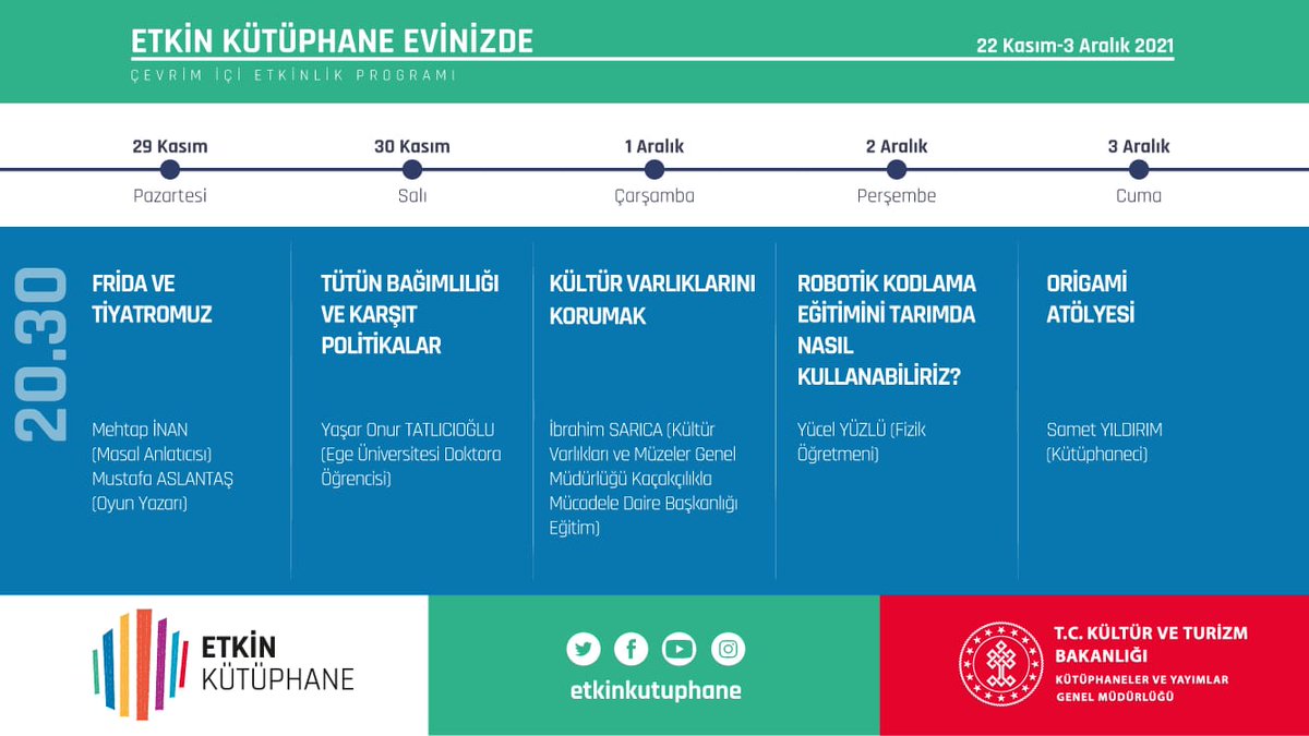 “Etkin Kütüphane Evinizde” uygulamamızın bu hafta sizinle buluşacak olan programları...

<a href="/etkinkutuphane/">Etkin Kütüphane</a> 
<a href="/KTBKYGM/">KYGM</a>