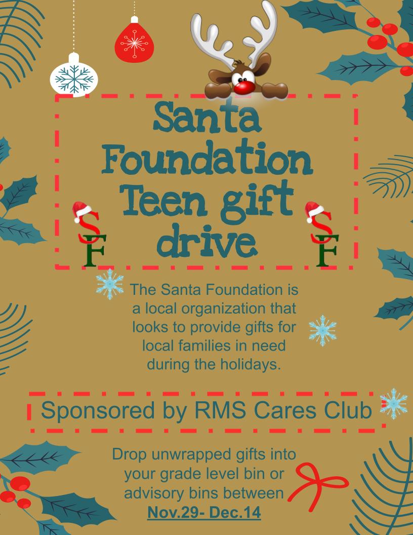 Teen gift drive to benefit the Santa Foundation starts tomorrow! Please see the attached flier for more details and information about requested gifts. Which grade level will donate the most? <a href="/RMS_Remdawgs/">RMS</a> #RMSRemdawgs