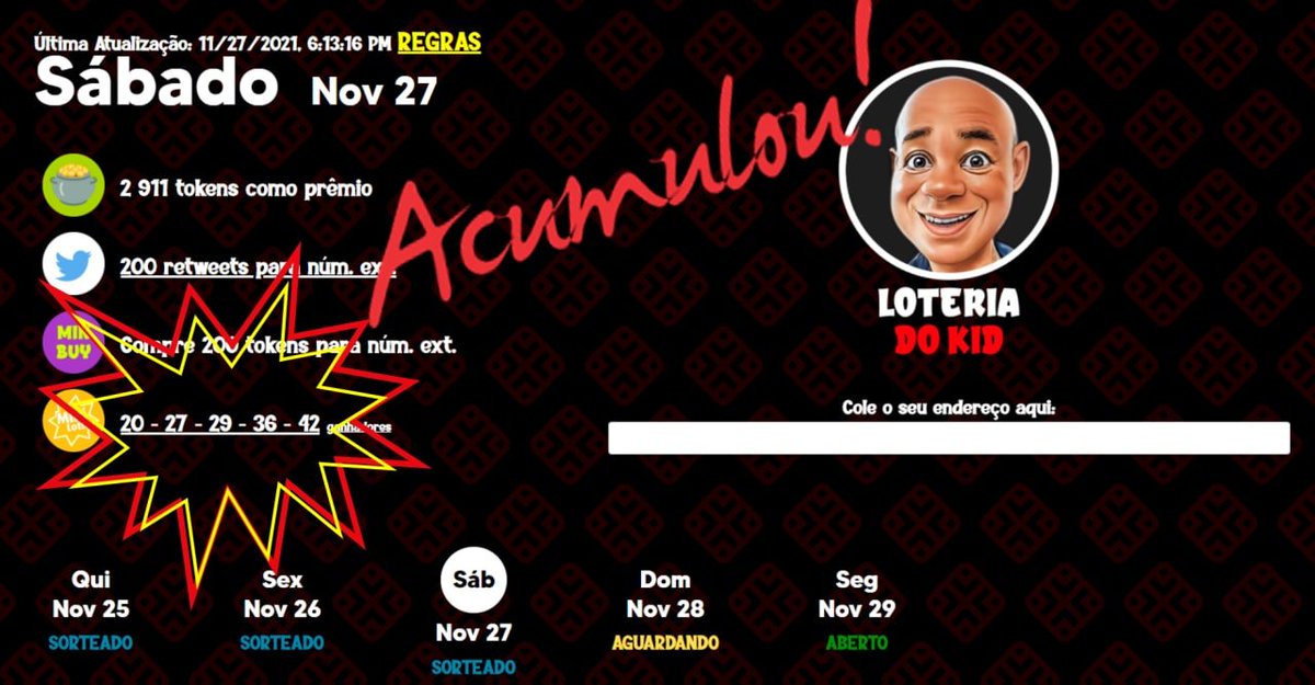 XXT_Token's tweet photo. Loteria do Kid
Prêmio de 27/11/201 Acumulou
Números sorteados: 20 - 27 - 29 - 36 - 42
Concorra você também em https://t.co/D1rCXN9XAl
#xxt #bitcamxxt #bitcoin #BTC #binance #crypto #loteria #lottery #nft #cryptocurrency #coinmarketcap #coingecko #pancakeswap #trustwallet https://t.co/Q2NOkFFM0k