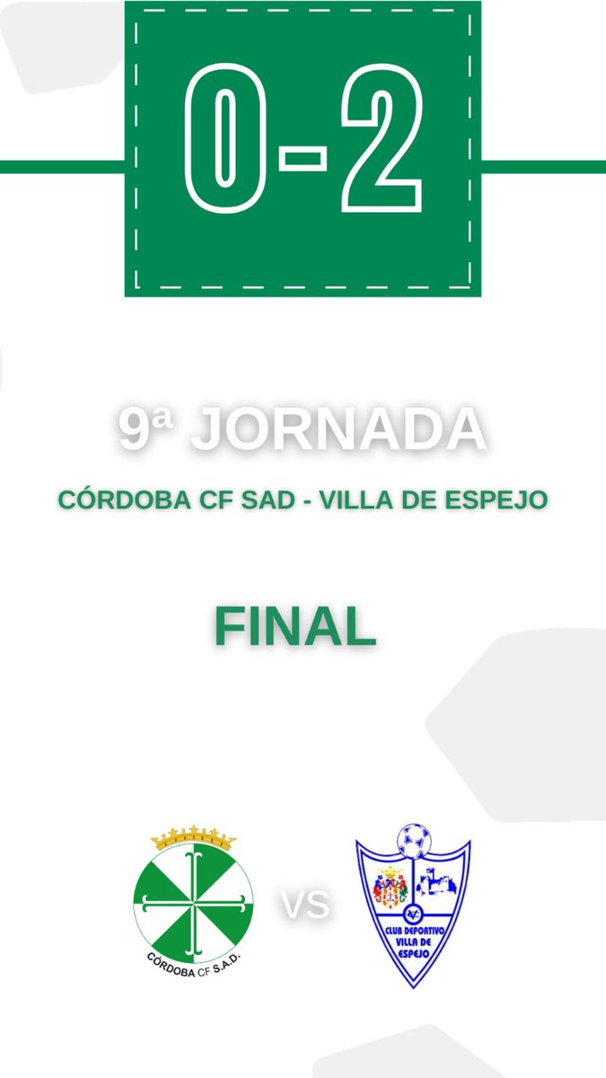 cordoba_cfsad's tweet photo. ⏱ 90' | 0-2 | #CCFSADVsEspejo | Final del partido en el Puga ⚽️ 🤍💚

#CCFSADEspejo @CDVilladeEspej1 https://t.co/a88BJeaTQ6